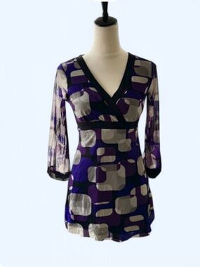 Vintage y2k Geometric Print V Neck Mesh Mini Dress
